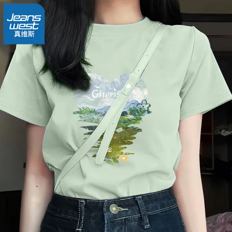 真维斯女装绿色夏季宽松T恤百搭休闲新款潮流吸汗透气印花短袖