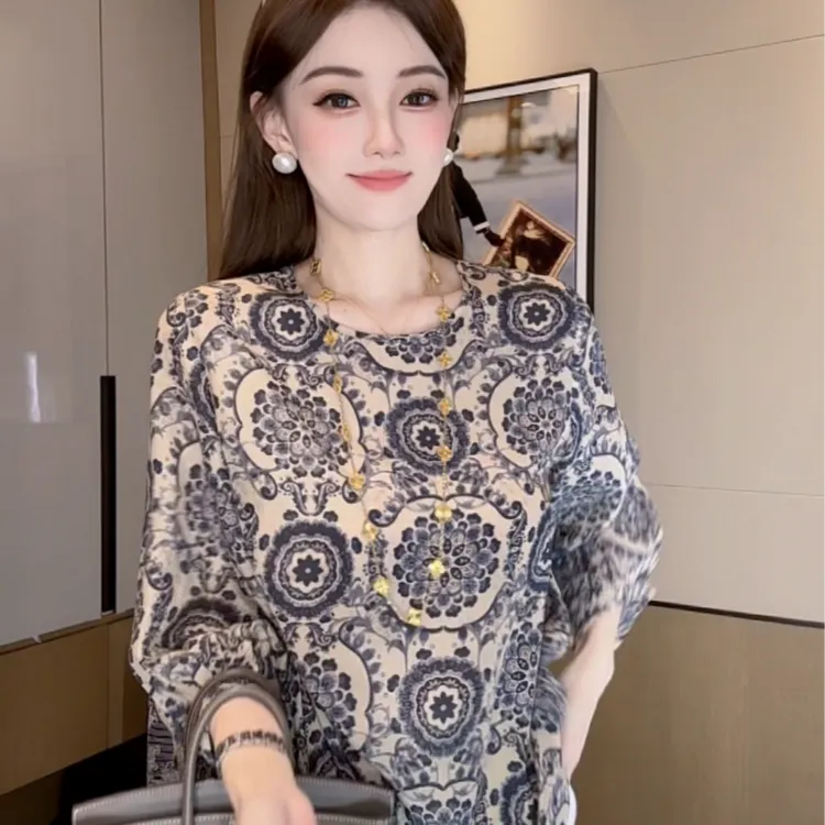 【丝芙玉禄】（F652）100%真丝双绉民族风印花桑蚕丝t恤上衣