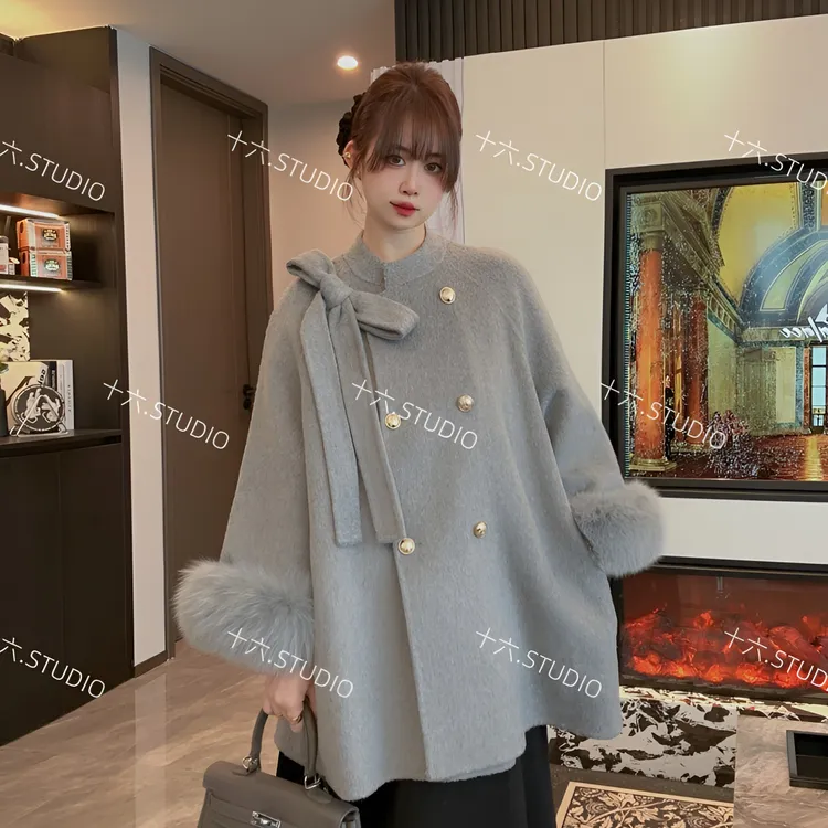 【温莎千金】反季福利蝴蝶结双面羊毛大衣女斗篷狐狸毛羊毛呢外套