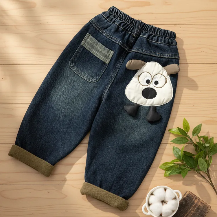 儿童加绒牛仔裤新款男童韩版冬装小童洋气冬季宝宝卡通加厚长裤子