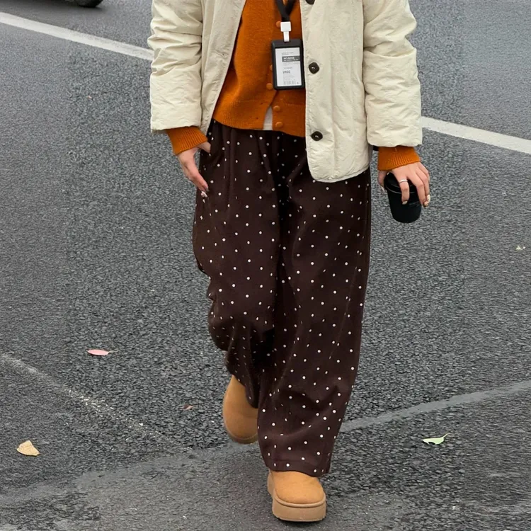 棕色灯芯绒波点阔腿裤女大码女装秋冬胖mm宽松2025超火的加绒裤子