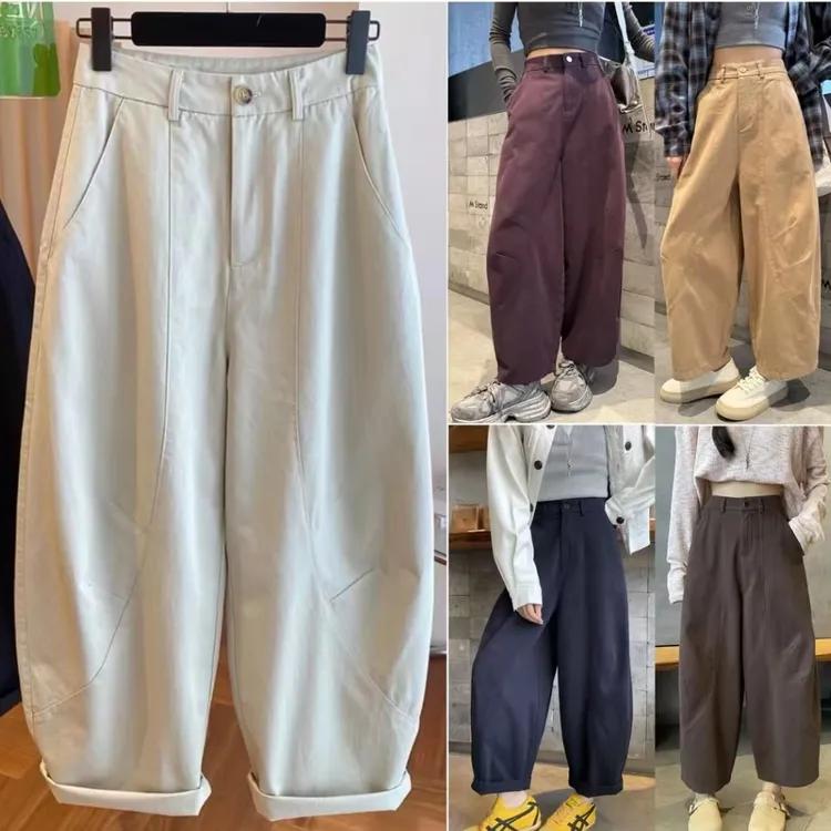 韩版洋气九分阔腿弯刀裤女高腰气球裤显瘦休闲裤子