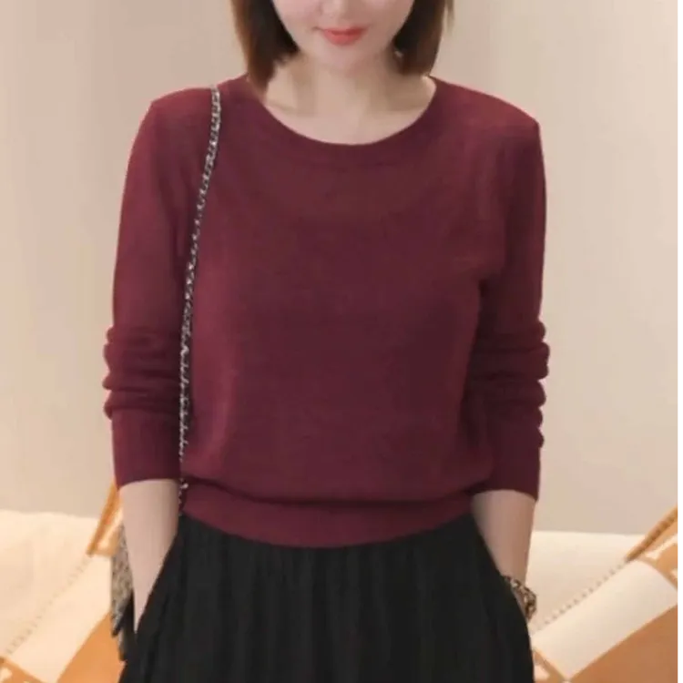 秋季新款圆领洋气长袖针织上衣女宽松红色纯色长袖针织衫MG8275