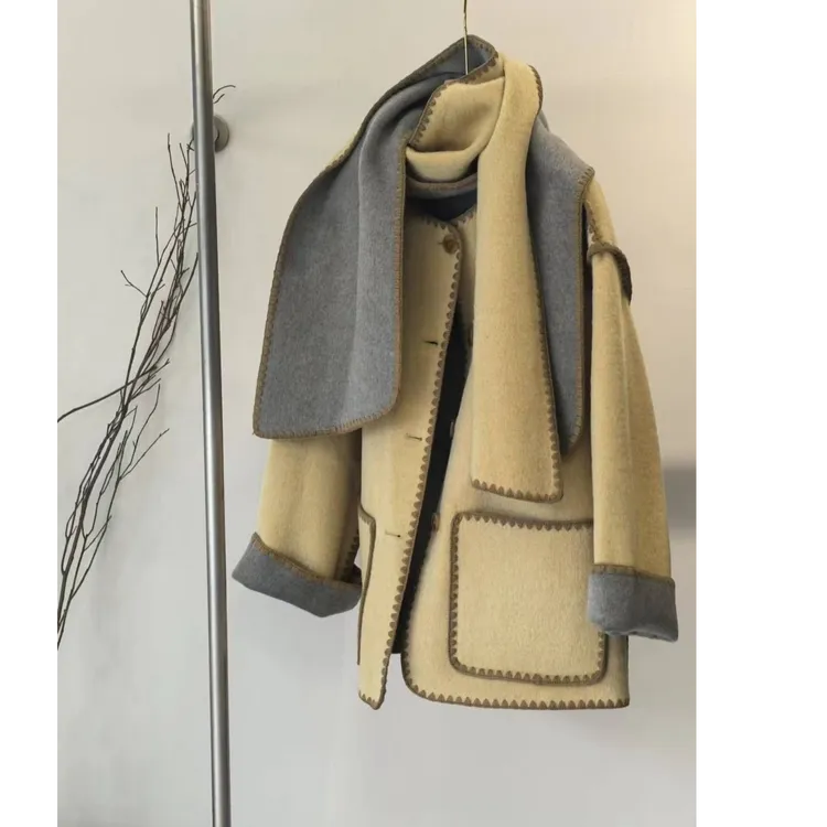 两面穿撞色围巾领手工双面羊毛大衣中长款宽松女外套秋冬新款