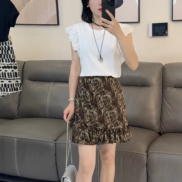 复古腰果印花半身裙女夏a字裙小个子新款雪纺高腰荷叶边时尚短裙
