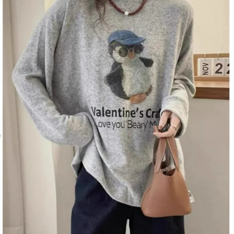 【奕潼•欧尼Seoul】蓝帽企鹅&小企鹅宽松遮肉圆领长袖T恤-9126-H