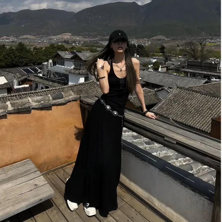 黑色吊带背心女2025夏季美式辣妹性感修身显瘦上衣百搭半身长裙子