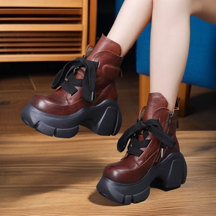 秋冬新款15621厚底粗跟真皮马丁靴头层牛皮复古小个子轻奢女鞋