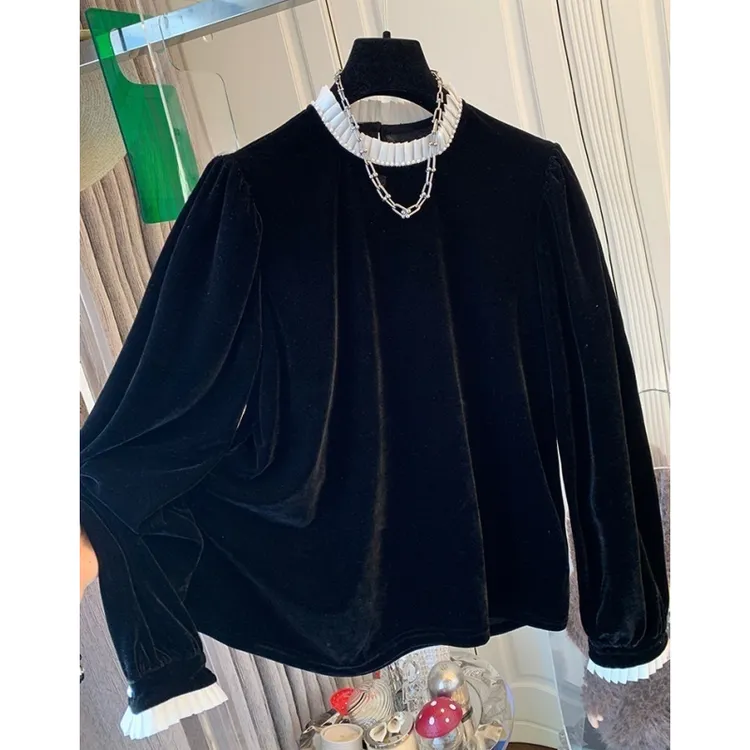 独特超好看法式花边丝绒衬衫宽松休闲内搭打底衫上衣女娃娃衫新款