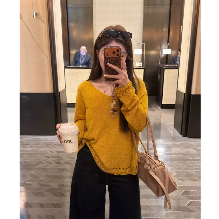 YPP！【秋日暖阳】新款韩系简约镂空设计V领针织毛衣宽松显瘦