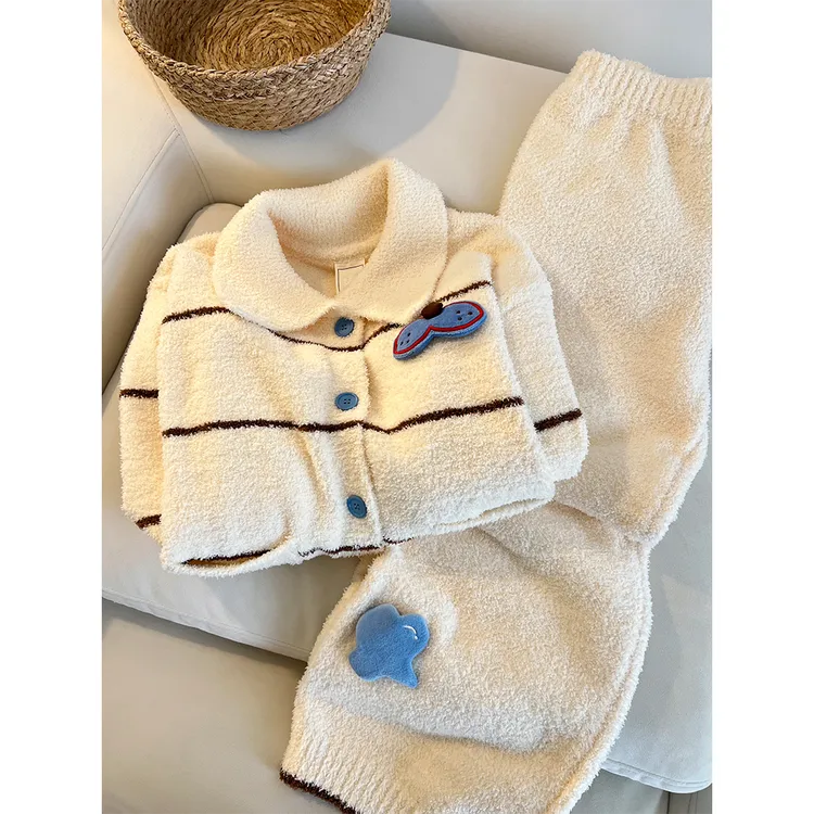 可爱酷猫针织半边绒睡衣女款秋冬季加绒加厚卡通条纹家居服两件套