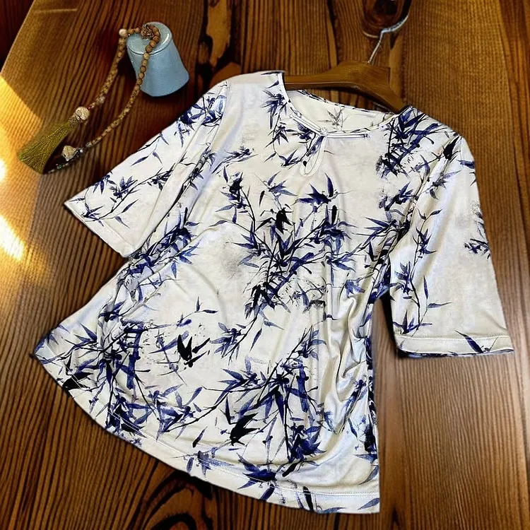 知羽.香云 夏季新款圆领桑蚕丝弹力针织五分袖新中式上衣ZY5521