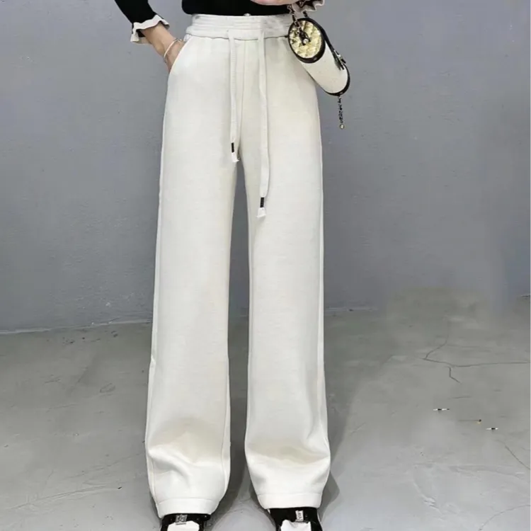 秋冬新款时尚百搭加绒休闲裤纯色显瘦保暖系带高腰设计潮款长裤女