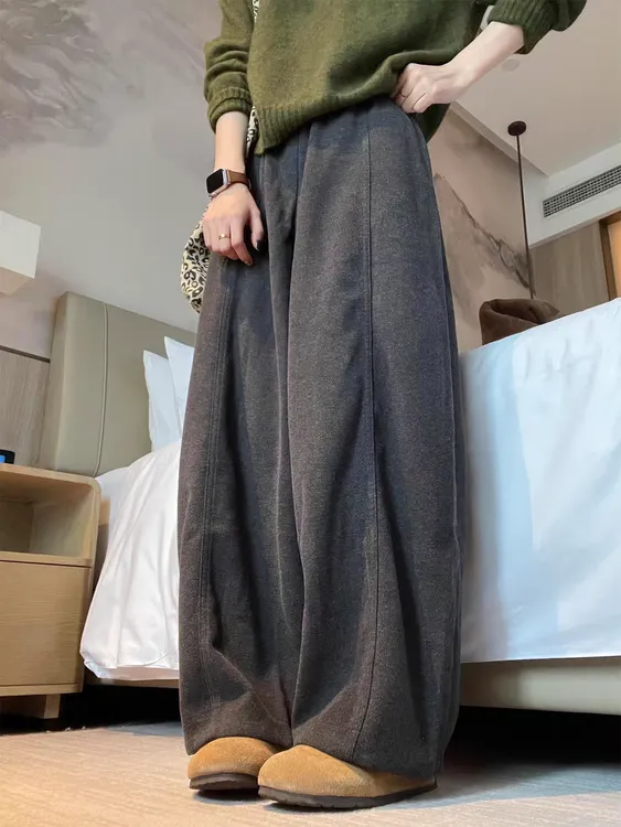 特大码松弛慵懒风毛呢阔腿裤女高腰显瘦遮胯裤子百搭宽松长裤子