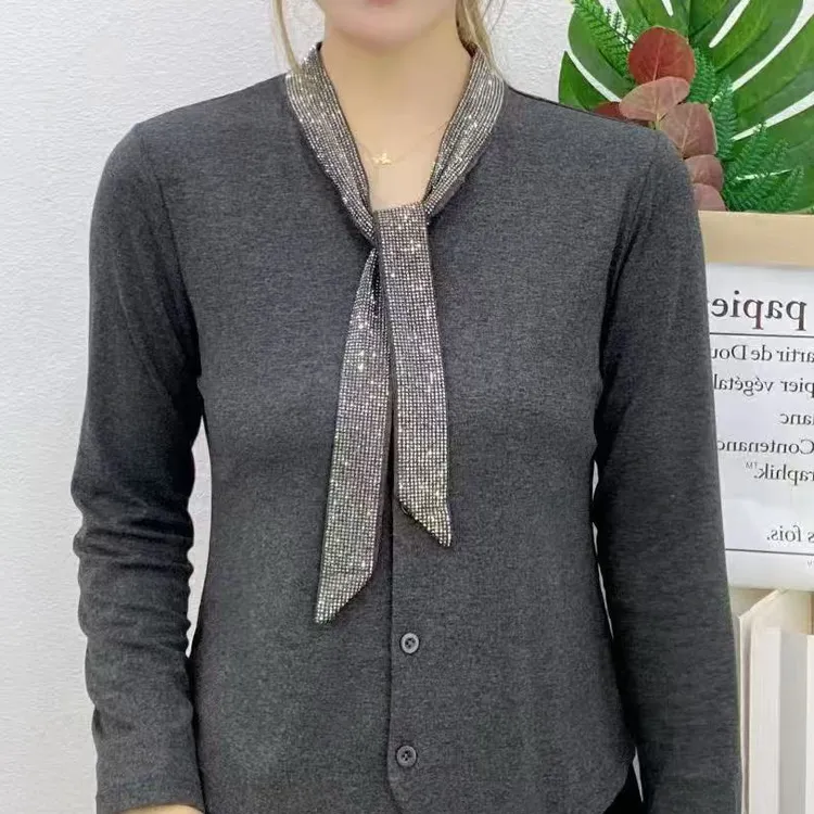 韩版简约气质烫钻系带领女开衫2025秋季新款修身显瘦优雅洋气8980