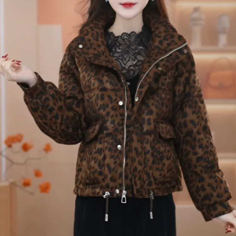 妍2025年冬季新款时尚气质轻奢豹纹百搭加厚保暖短款羽绒服M-3XL