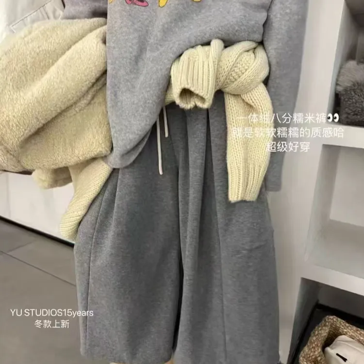 简约松紧腰抽绳阔腿裤女宽松慵懒松弛感七分裤奶奶裤潮（卡码拍小）