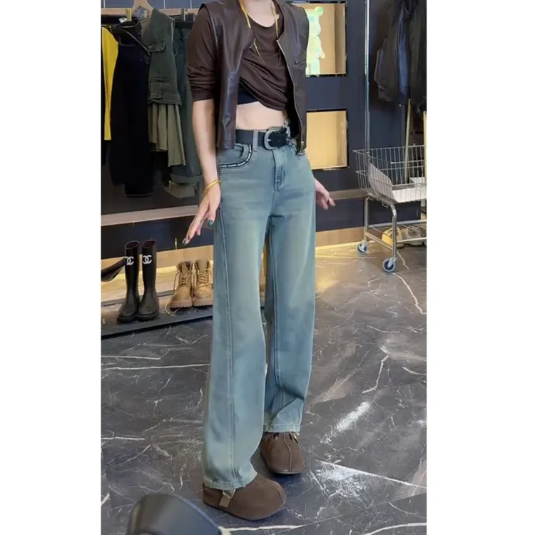 2025早秋高腰大码阔腿时尚显瘦烟管牛仔裤
