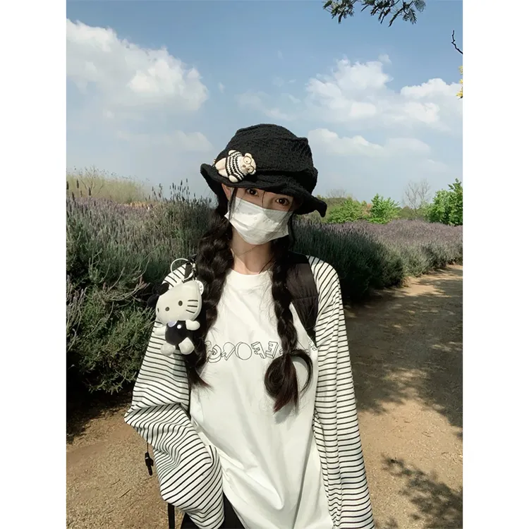 日系圆领小众宽松百搭长袖T恤女秋季ins高级感慵懒条纹休闲风复古
