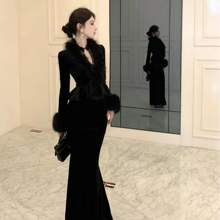 A633长裙长款秋冬复古法式千金风长袖包臀黑色时尚套装