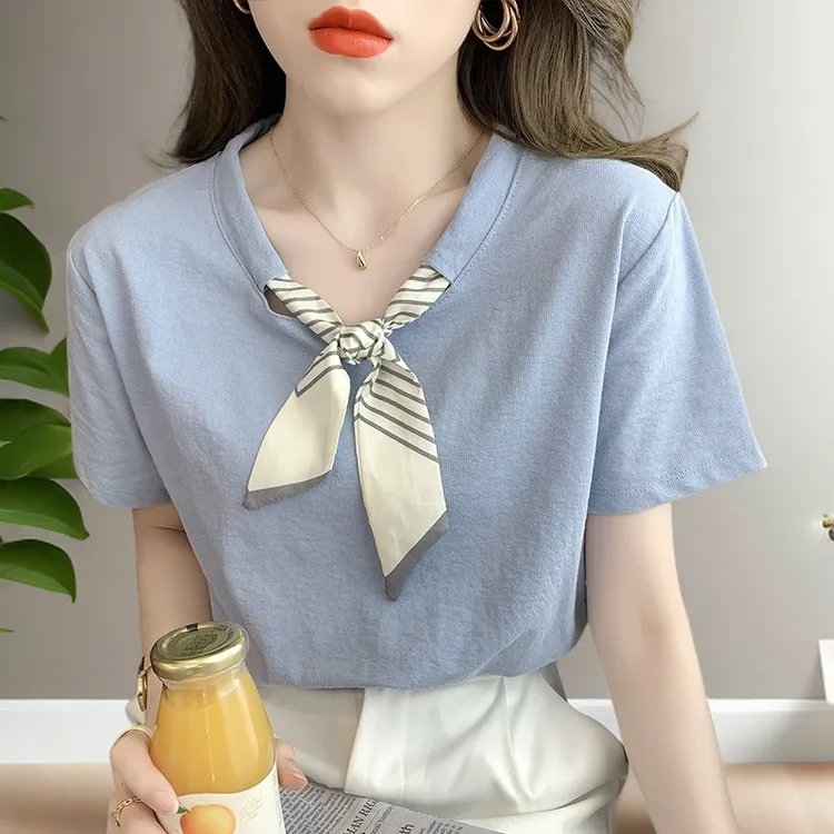 纯棉小香风洋气短袖韩版洋气修身显瘦百搭时尚短款正肩短袖女t恤