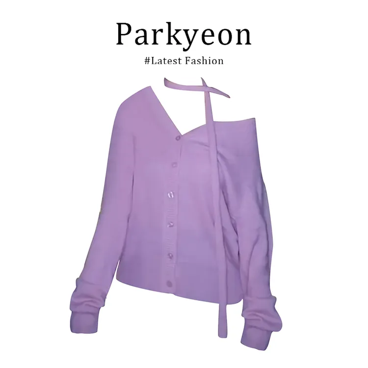 白鹿同款甜美风软糯飘带针织开衫女秋冬松弛感紫色毛衣