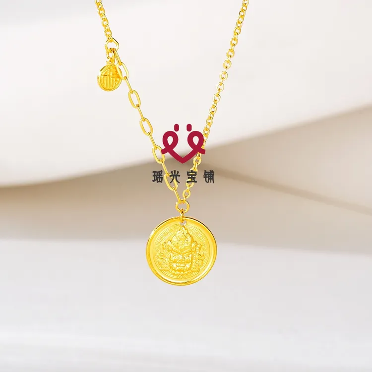 坠链均足银 吉言黄财神套链古法锤纹国潮精致时尚彩银项链吊坠