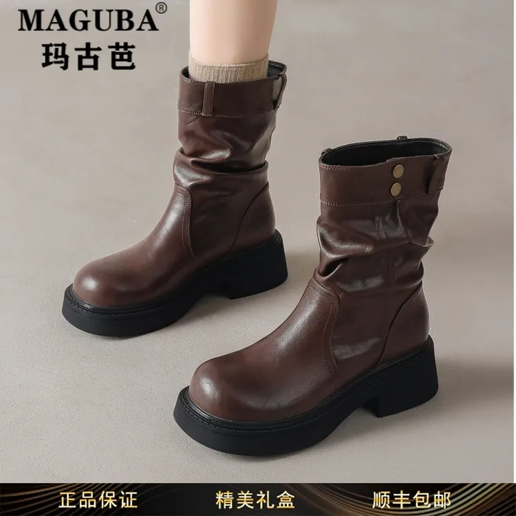 玛古芭女鞋爆款厚底增高防滑马丁靴女时尚复古西部美拉德圆头短靴