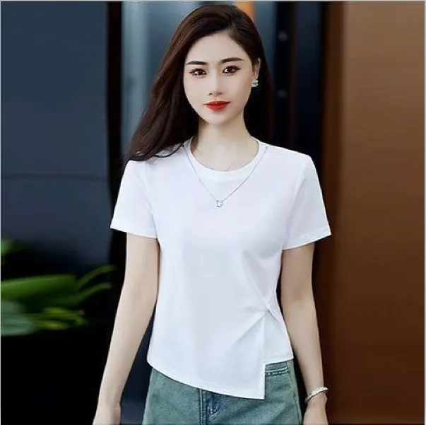 棉大码法式减龄圆领正肩短袖T恤女夏季修身显瘦褶皱百搭气质上衣