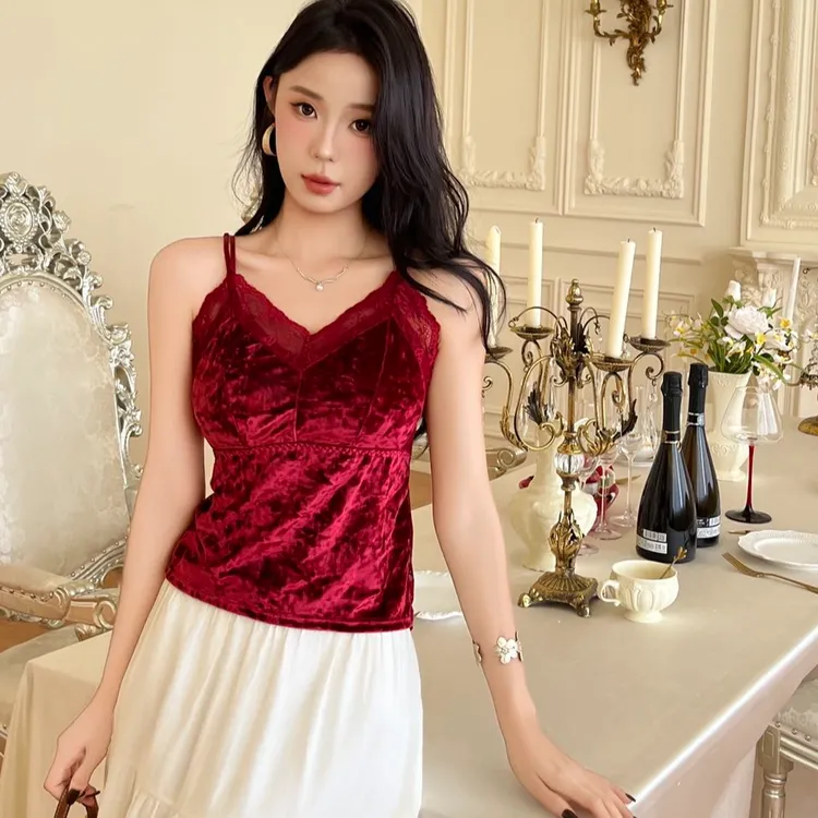 通勤气质显瘦红色拼接吊带性感设计师打底挂脖背心蕾丝内搭法式