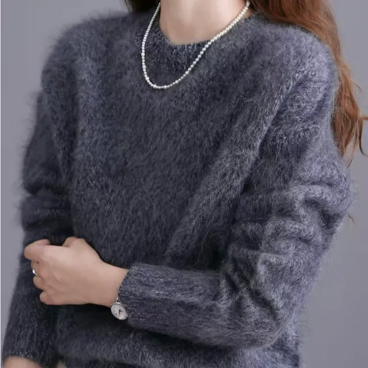 新款时尚慵懒拉毛羊毛衫高端轻奢女士百搭针织羊绒衫韩版圆领毛衣