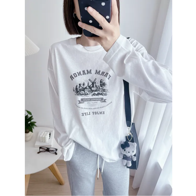 大墩家自产自销  百搭休闲复古印花宽松松弛感长袖T恤打底衫女秋