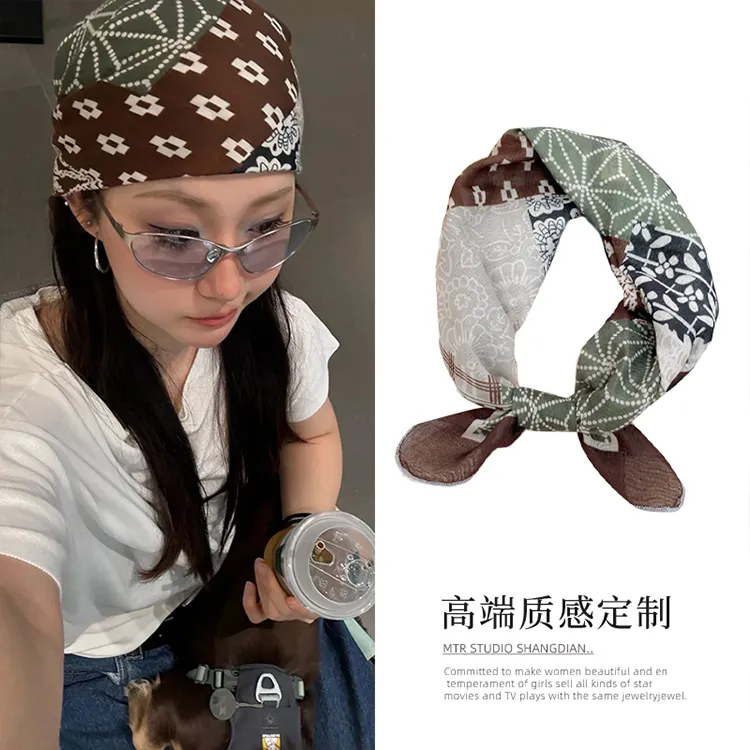 甜酷时髦_拼色腰果花丝巾美式y2k千禧辣妹嘻哈方巾新黑白条纹丝巾