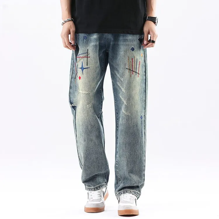 NYIG品牌新款刺绣秋冬加绒加厚长裤裤子美式弹力直筒冬季牛仔裤男