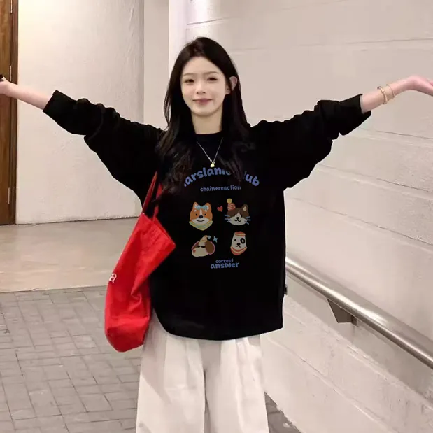 纯棉美式卡通趣味正肩长袖t恤女印花新款设计感宽松港味chic体恤
