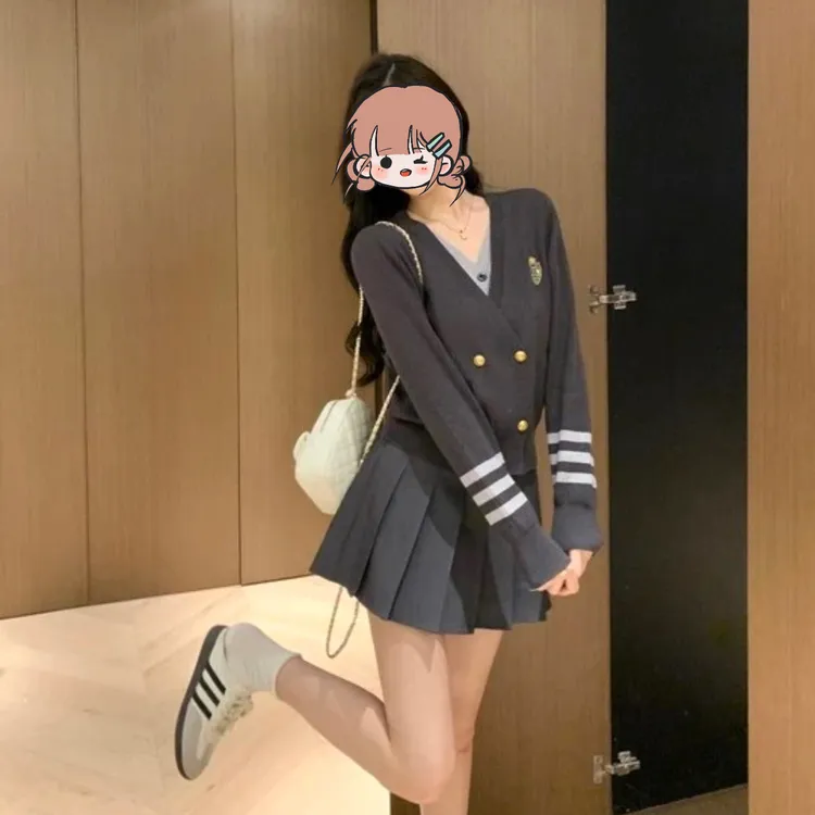 「欧若风」气质穿搭套装女2025减龄学院风针织衫高腰百褶短裙两件套