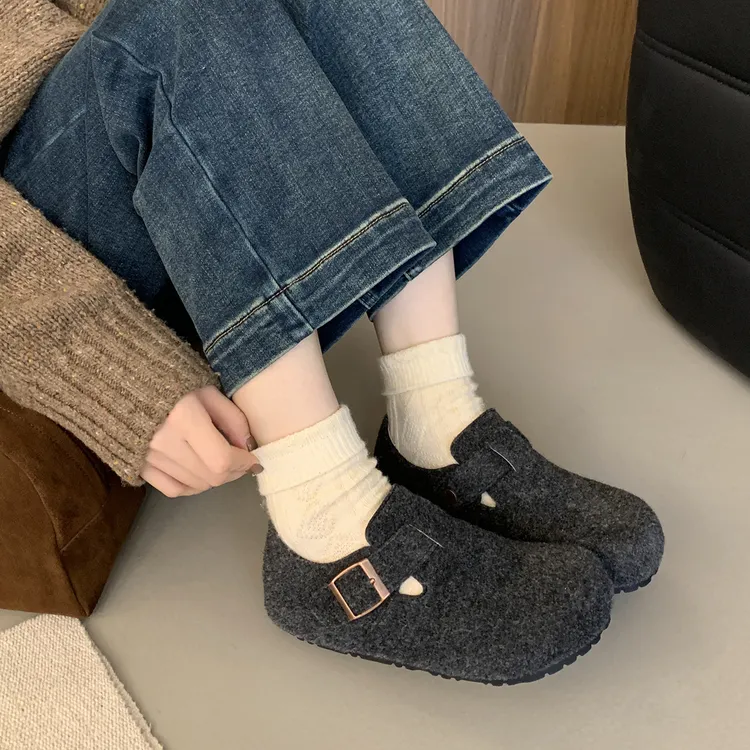 毛呢版内增高勃肯鞋女厚底秋冬新款毛毛鞋女外穿一脚蹬乐福鞋单鞋