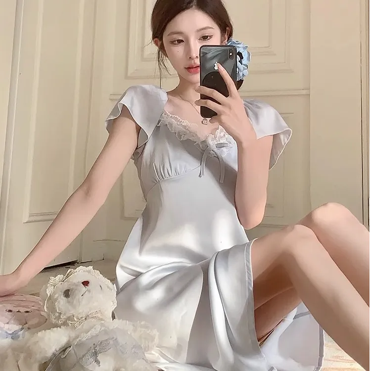 LEVTCHBORZT  2025新款短袖睡裙女带胸垫甜美性感花边睡衣家居服