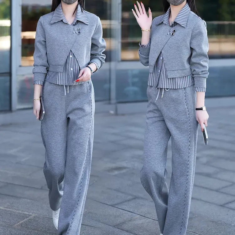 时尚小众假两件衬衫拼接卫衣直筒裤两件套女2025春秋新款运动套装