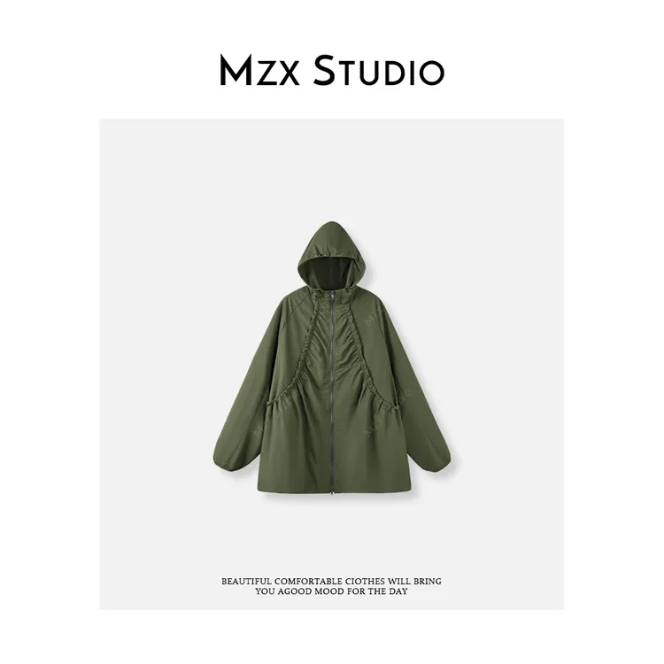 MZX 秋季手工捏褶木耳边设计款拉链连帽长袖外套 WT9922-C