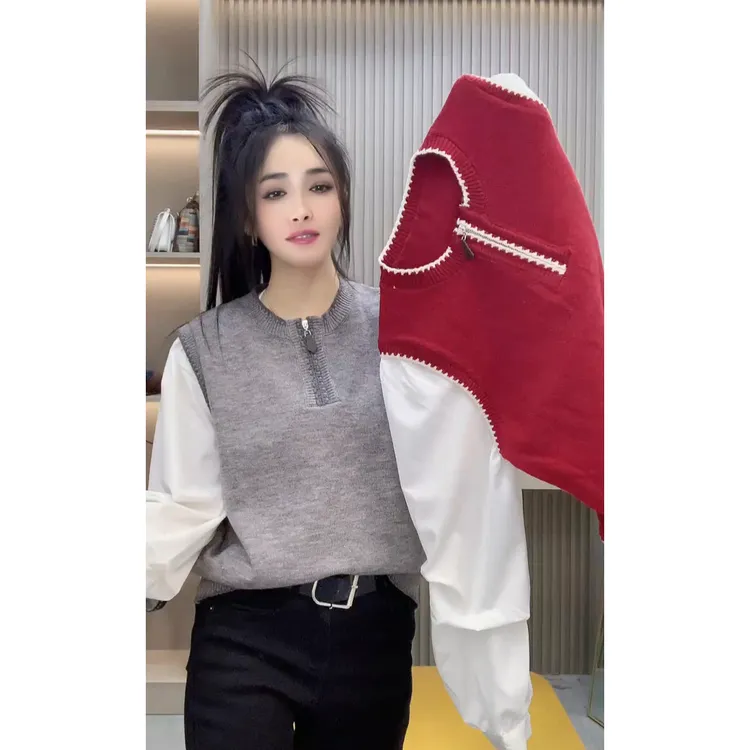 欧货秋冬新款半拉链洋气百搭衬衫袖针织毛衣