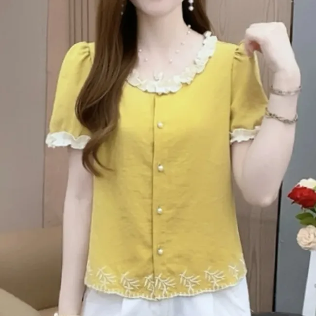 夏季超好搭小香风衬衫2025新款独特花边领百搭纯色宽松显瘦女上衣