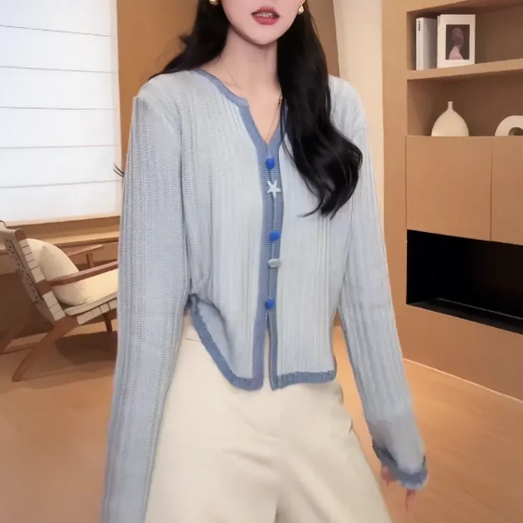 蓝色撞色针织开衫2025春显瘦薄款气质时尚修身百搭打底衫2996