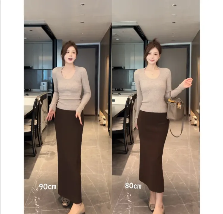 轻OL*高智美人包臀弹力半身开衩长裙高级乱麻梨形显瘦直筒半裙