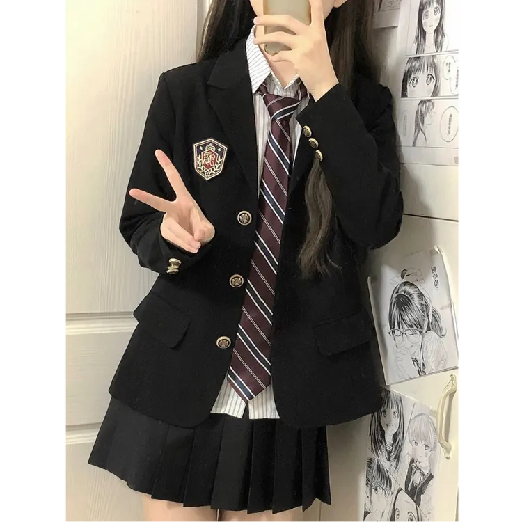 春秋西装外套女大学生答辩面试正装绀色jk制服三粒扣收腰西服上衣