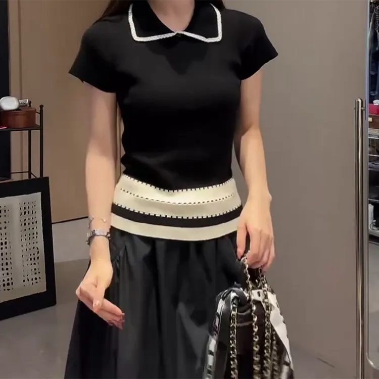 夏日撞色清凉感透气针织千金休闲风修身上衣短袖C5225