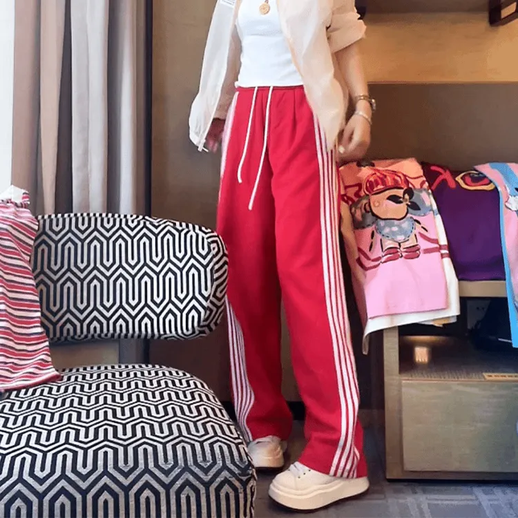 欧若风伍条织带裤条纹拼接休闲直筒裤女2025新款夏季高腰阔腿裤