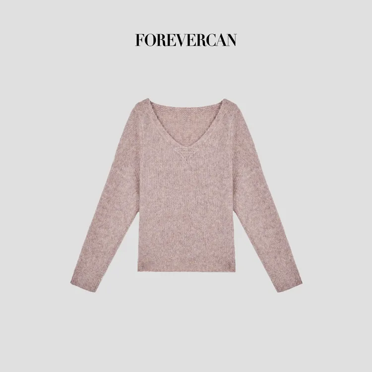 FOREVERCAN“桃运连连”美丽诺羊毛宽松V领针织上衣 CANMY3078D