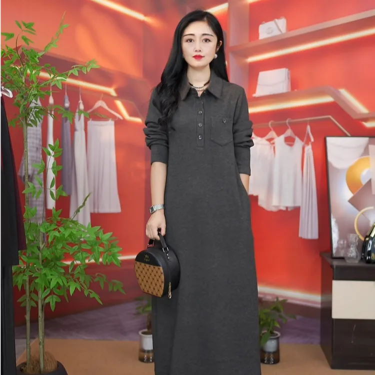 纯色秋季轻职风中长裙长裙连衣裙女装时尚休闲秋冬连衣裙