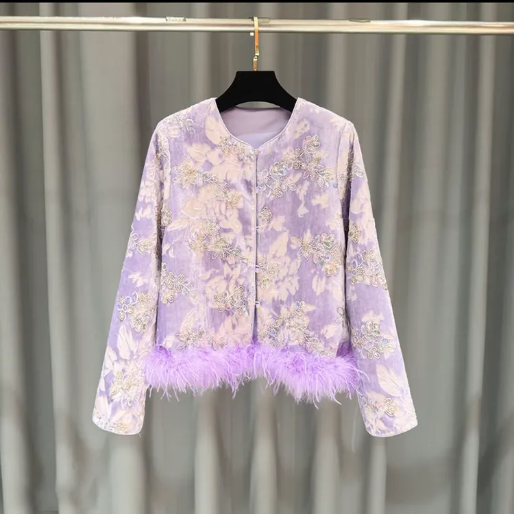 25樱花粉紫色秋冬女外套气质长袖中国风时尚复古中式提花棉服外套